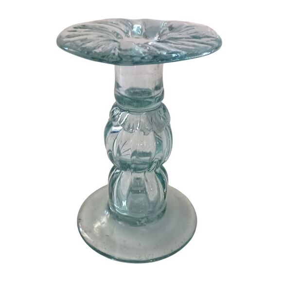 Hand Blown Art Glass Candlestick Holder Taper SINGLE ICY Blue Mexico Beachy Vtg. - Picture 8 of 13